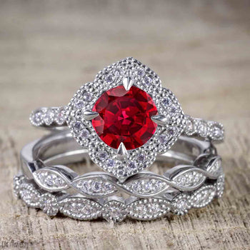 Bestselling 2.50 Carat Ruby and Diamond Halo Trio Wedding Bridal Ring Set in White Gold