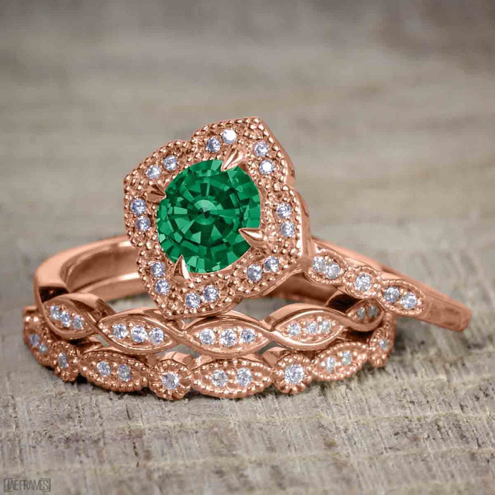 Bestselling 2.50 Carat Emerald and Diamond Halo Trio Wedding Bridal Ring Set in Rose Gold