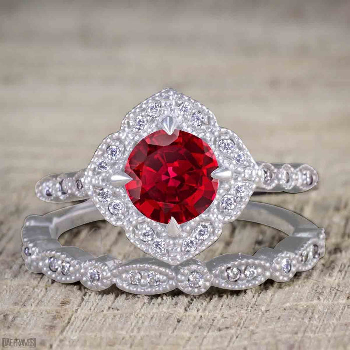 Antique Vintage 2 Carat Ruby and Diamond Halo Wedding Ring Set for Women in White Gold