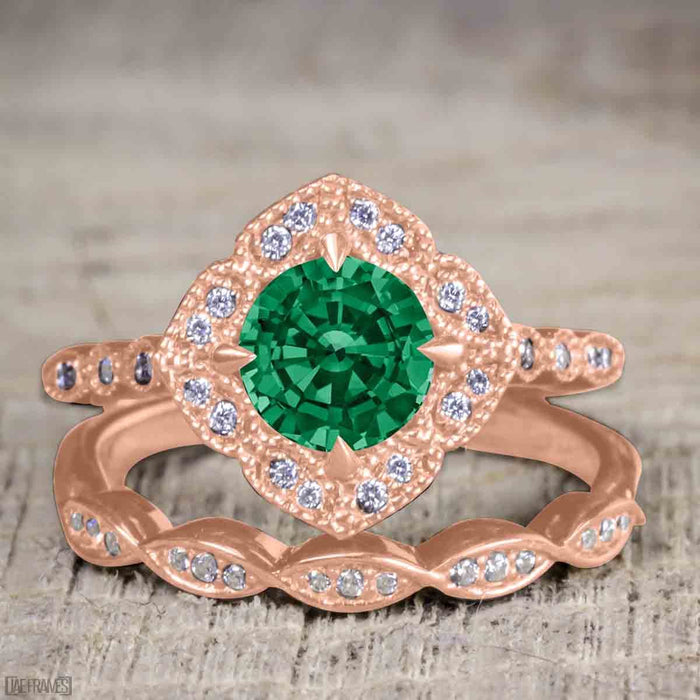 Beautiful 2 Carat Round cut Emerald and Diamond Halo Wedding Ring Set in Rose Gold