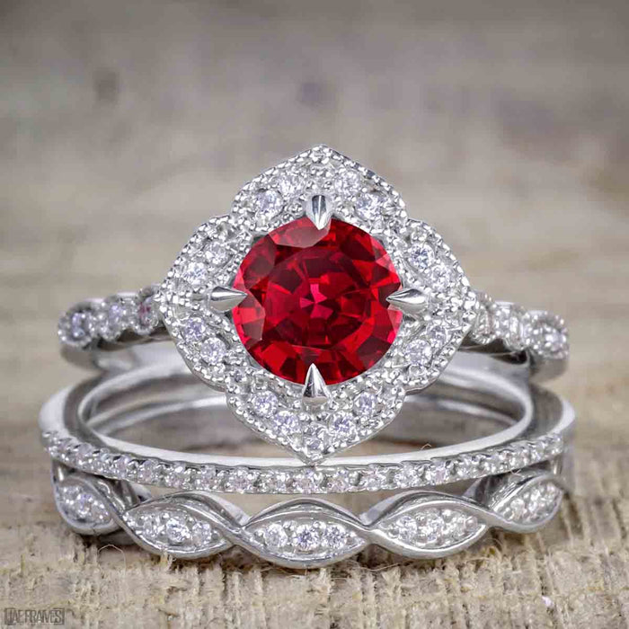 Affordable Antique Artdeco 2.25 Carat Round Ruby and Diamond Halo Wedding Trio Ring Set in White Gold