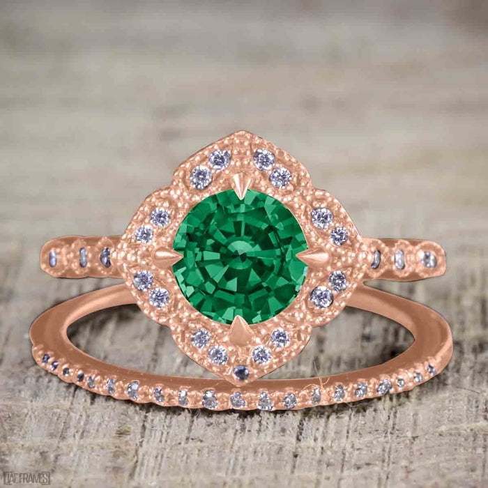 2 Carat Round cut Emerald and Diamond Bridal Set with semi eternity wedding band in Rose Gold