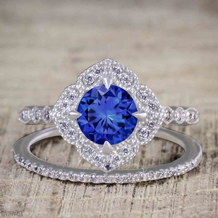 2 Carat Round Cut Sapphire and Diamond Bridal Ring Set with Semi Eternity Wedding Band in White Gold