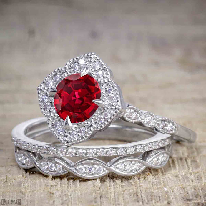 Affordable Antique Artdeco 2.25 Carat Round Ruby and Diamond Halo Wedding Trio Ring Set in White Gold