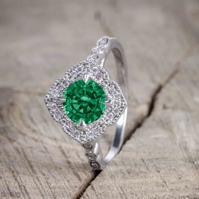 Antique Vintage 2 Carat Emerald and Diamond Halo Wedding Ring Set for Women in White Gold