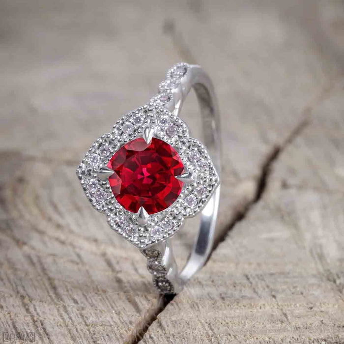 2 Carat Round cut Ruby and Diamond Bridal Set with semi eternity wedding band in White Gold