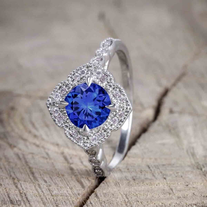 Antique Vintage 1.50 Carat Sapphire and Diamond Halo Engagement Ring for Women in White Gold