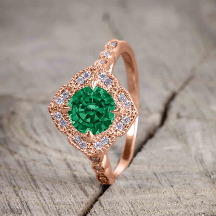 Antique Vintage 2 Carat Emerald and Diamond Halo Wedding Ring Set for Women in Rose Gold