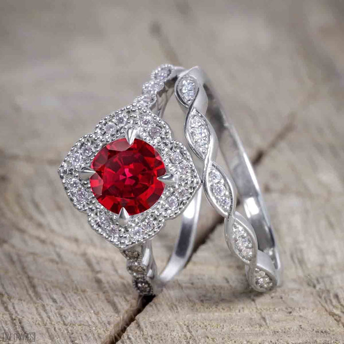 Beautiful 2 Carat Round cut Ruby and Diamond Halo Wedding Ring Set in White Gold