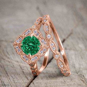 Beautiful 2 Carat Round cut Emerald and Diamond Halo Wedding Ring Set in Rose Gold