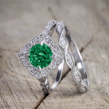 Beautiful 2 Carat Round cut Emerald and Diamond Halo Wedding Ring Set in White Gold