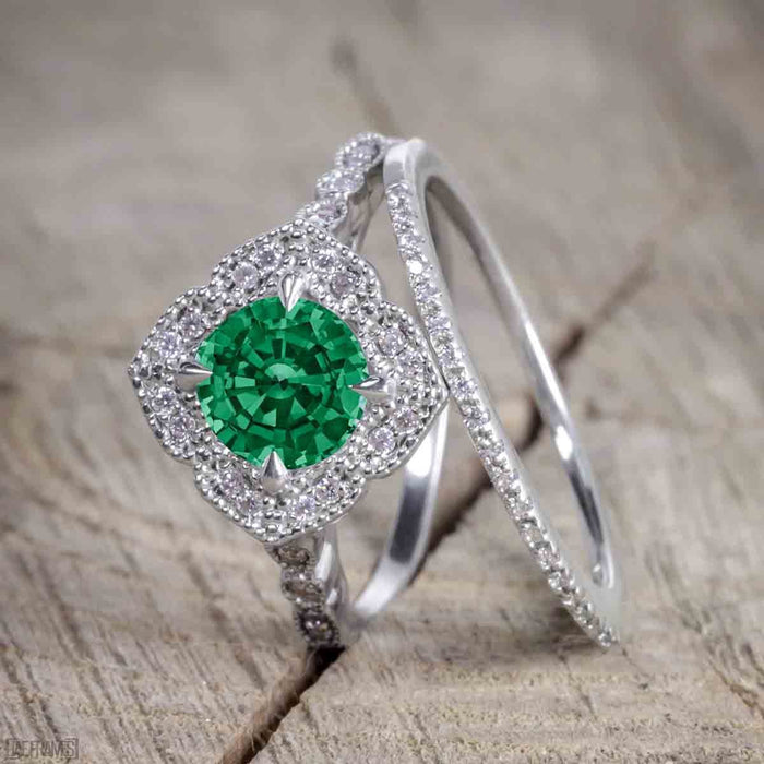 2 Carat Round cut Emerald and Diamond Bridal Set with semi eternity wedding band in White Gold