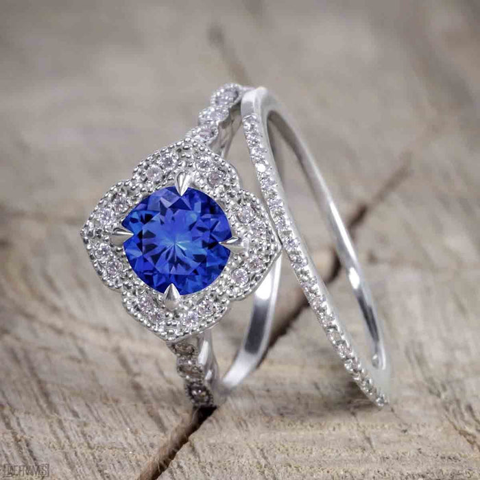 Unique Antique 2 Carat Round Cut Sapphire and Diamond Trio Wedding Ring Set for Women in White Gold