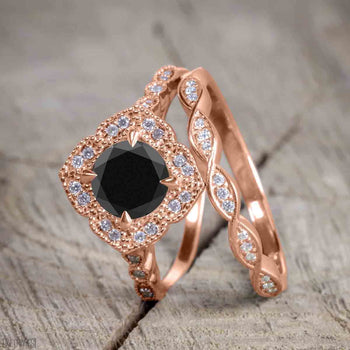 1.50 Carat Round Cut Black Diamond Semi Eternity Wedding Ring Set in Rose Gold