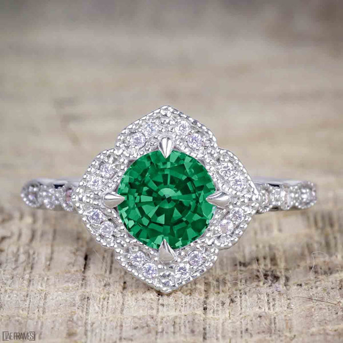 Unique 2 Carat Emerald and Diamond Halo Wedding Ring Set for Her in White Gold