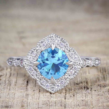 Antique Vintage 1.25 Carat Art Deco Halo Engagement Ring with Aquamarine and Diamond for Her in White Gold