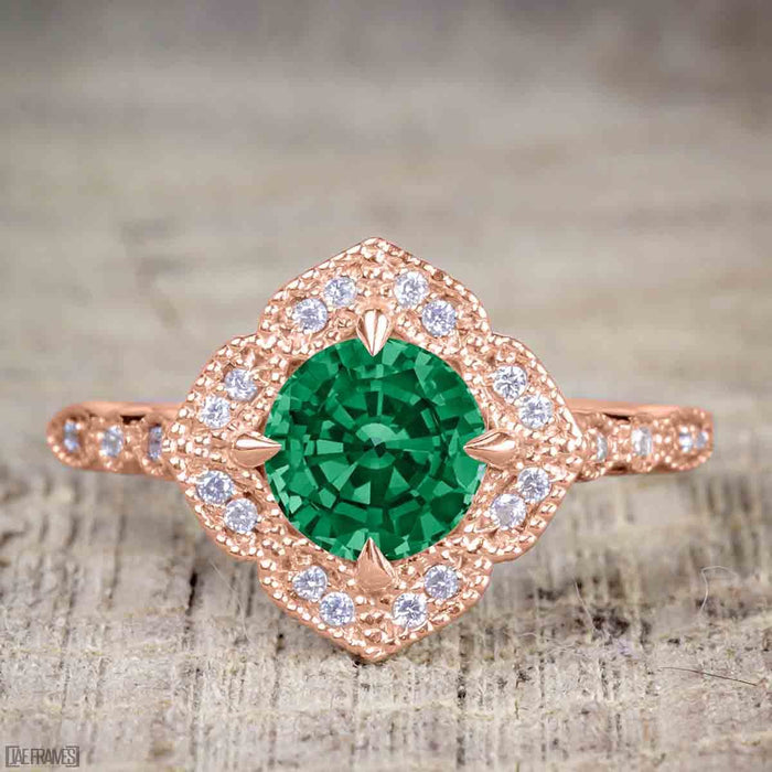 Affordable 2.50 Carat Round cut Emerald and Diamond Antique Wedding Trio Ring Set in Rose Gold