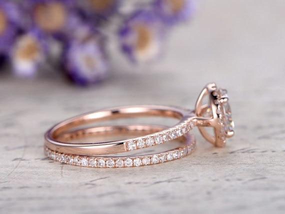 Classic 2 Carat Round Cut Moissanite and Diamond Engagement Wedding Set in Rose Gold
