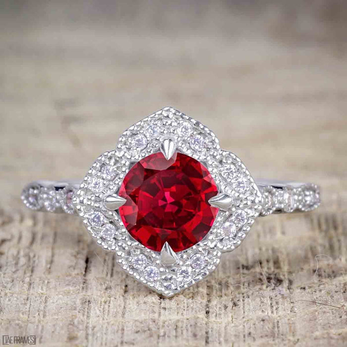 Antique Vintage 1.25 Carat Artdeco Halo Engagement Ring with Ruby and Diamond for Her in White Gold
