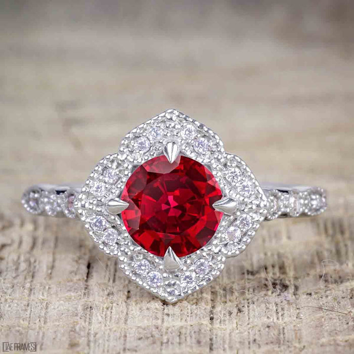 Affordable 2.50 Carat Round cut Ruby and Diamond Antique Wedding Trio Ring Set in White Gold