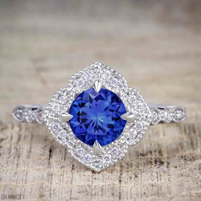 Affordable pair 2 Carat Sapphire and Diamond Antique Wedding Ring Set in White Gold