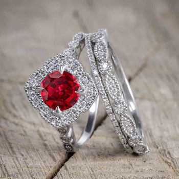 Unique antique 2.50 Carat Ruby and Diamond Trio Wedding Ring Set for Women in White Gold