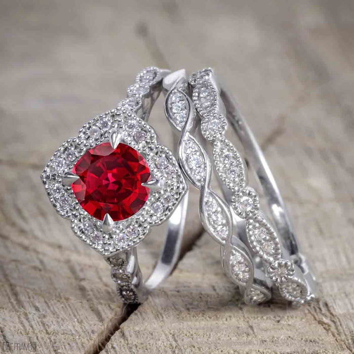 Bestselling 2.50 Carat Trio Wedding Ring Set with Ruby and Diamond on White Gold for Her