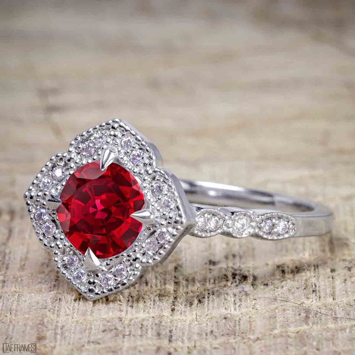 Unique 2 Carat Ruby and Diamond Halo Wedding Ring Set for Her in White Gold