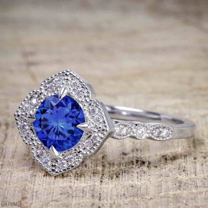 Unique 2 Carat Round Cut Sapphire and Diamond Halo Wedding Ring Set for Her in White Gold