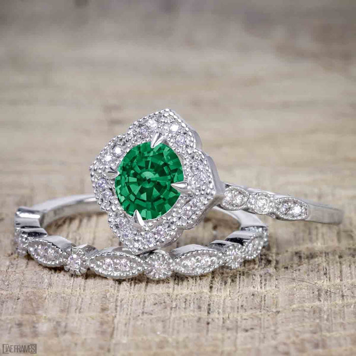 Affordable 2.50 Carat Round cut Emerald and Diamond Antique Wedding Trio Ring Set in White Gold