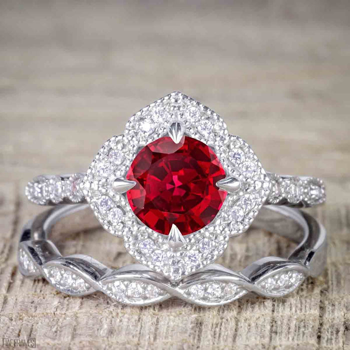 Unique 2 Carat Ruby and Diamond Halo Wedding Ring Set for Her in White Gold