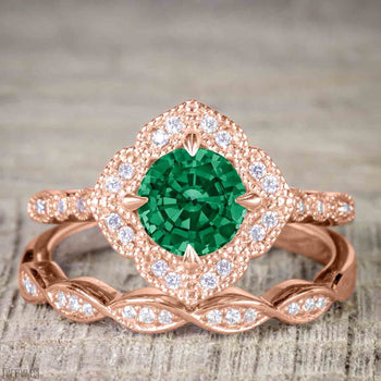 Unique 2 Carat Emerald and Diamond Halo Wedding Ring Set for Her in Rose Gold