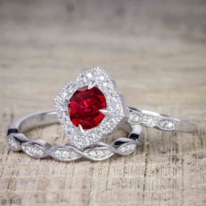 Unique kite cut red ruby engagement ring solid 14k white gold black sp –  Ohjewel
