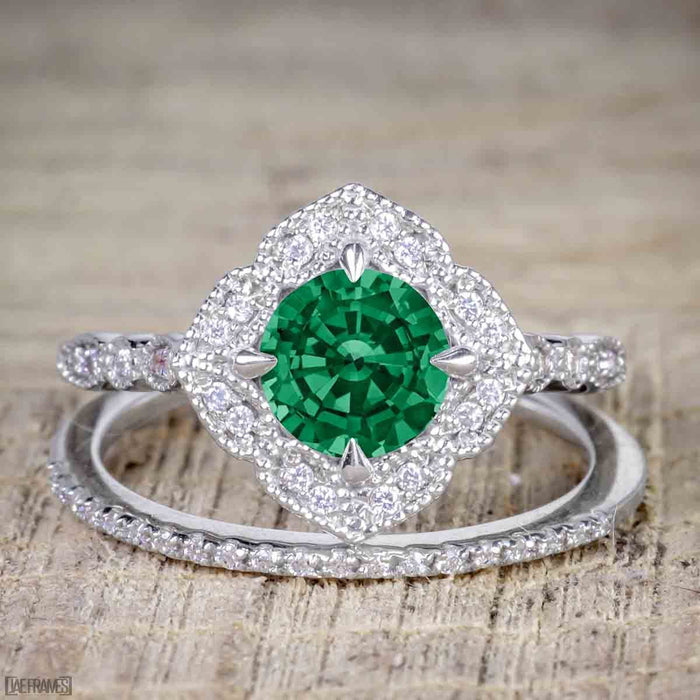 Affordable pair 2 Carat Emerald and Diamond Antique Wedding Ring Set in White Gold