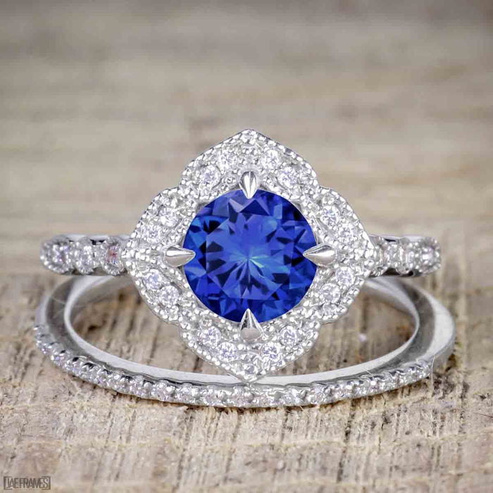 Affordable pair 2 Carat Sapphire and Diamond Antique Wedding Ring Set in White Gold