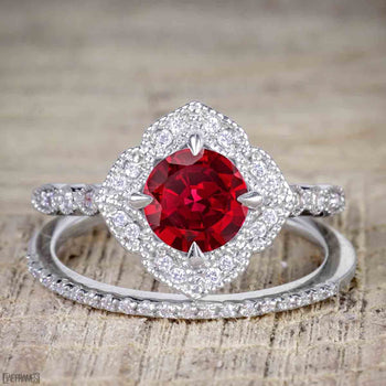Affordable pair 2 Carat Ruby and Diamond Antique Wedding Ring Set in White Gold