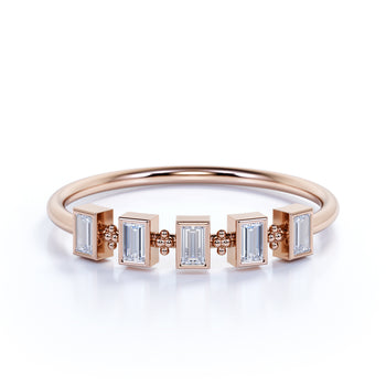 Unique 5 Stone Mini Stackable Wedding Ring Band with Emerald Cut Diamonds in Rose Gold