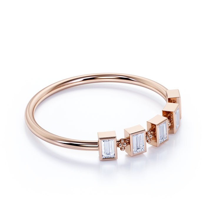 Unique 5 Stone Mini Stackable Wedding Ring Band with Emerald Cut Diamonds in Rose Gold