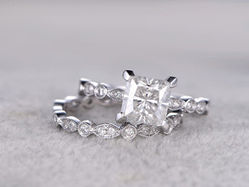 Antique 2 Carat Princess Cut Moissanite and Diamond Wedding Ring Set in White Gold