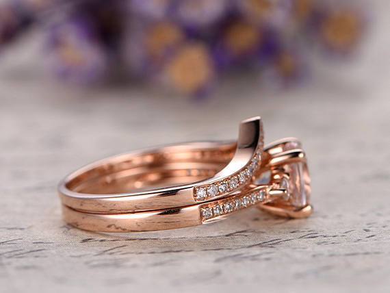 Perfect 1.50 Carat Three Stone Morganite and Diamond Wedding Ring Set in Rose Gold