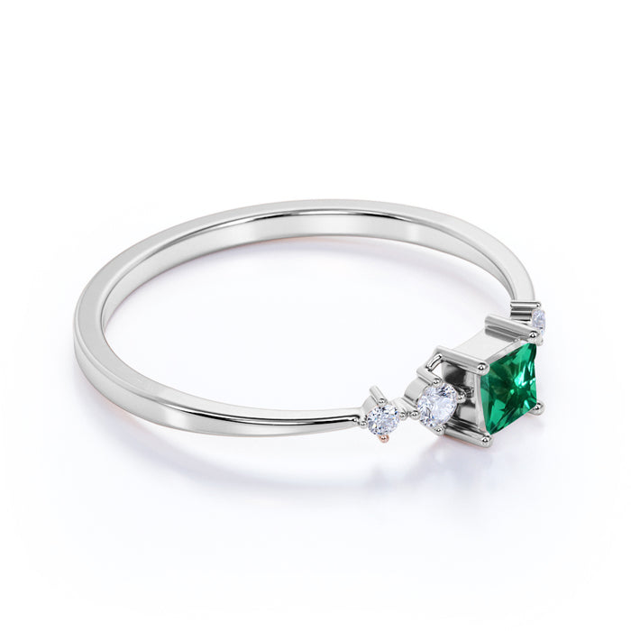 Charming Princess Cut Emerald and Diamond Stacking Wedding Ring in White Gold