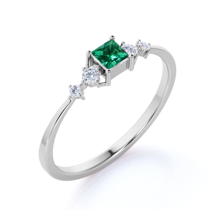 Charming Princess Cut Emerald and Diamond Stacking Wedding Ring in White Gold