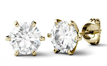 6 Prong 2 Carat Round Cut Moissanite Classic Stud Earrings in Yellow Gold