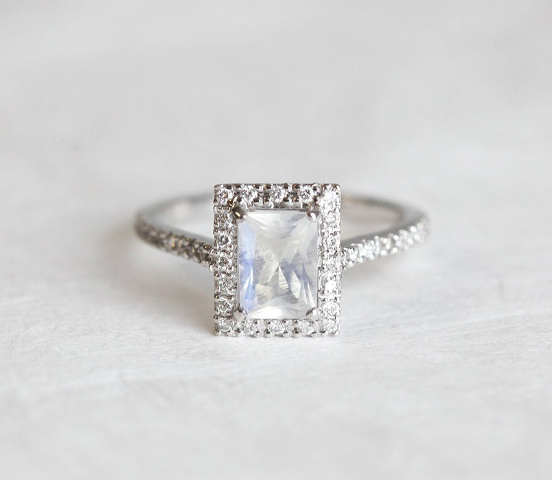 Pave 1.50 Carat Emerald Cut Rainbow Moonstone and Diamond Halo Engagement Ring in White Gold