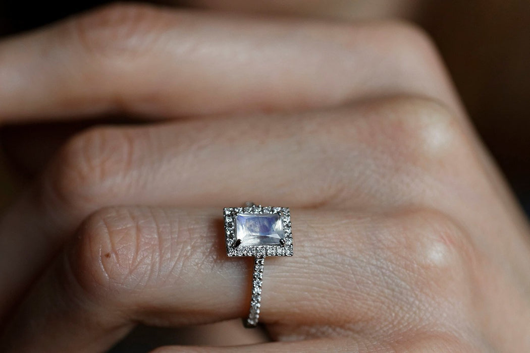 Pave 1.50 Carat Emerald Cut Rainbow Moonstone and Diamond Halo Engagement Ring in White Gold