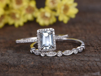 2 Carat Emerald Cut Aquamarine and Diamond Halo Wedding Ring Set in White Gold