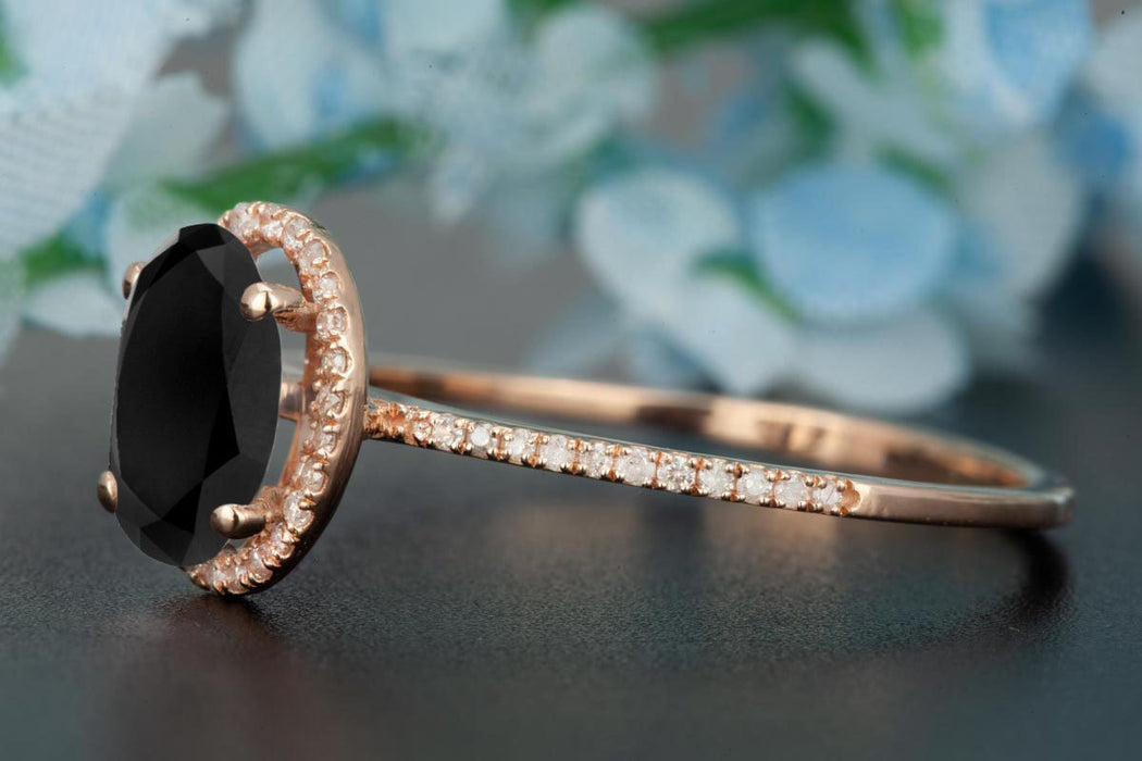 1.25 Carat Oval Cut Black Diamond and Diamond Engagement Ring in Rose Gold Dazzling Ring