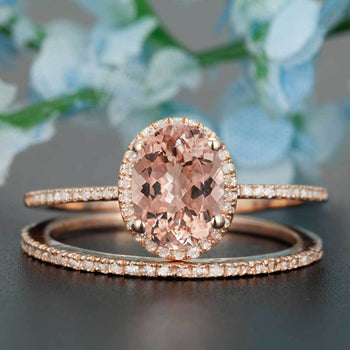 Flawless 1.50 Carat Oval Cut Peach Morganite and Diamond Wedding Ring Set in Rose Gold Hand Made