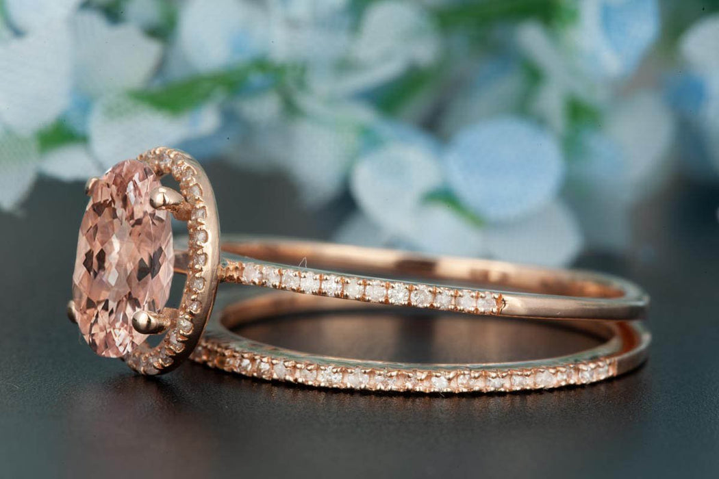 Flawless 1.50 Carat Oval Cut Peach Morganite and Diamond Wedding Ring Set in Rose Gold Hand Made