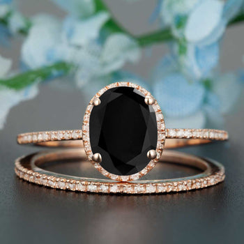 1.50 Carat Oval Cut Black Diamond and Diamond Wedding Ring Set in 9k Rose Gold Dazzling Ring